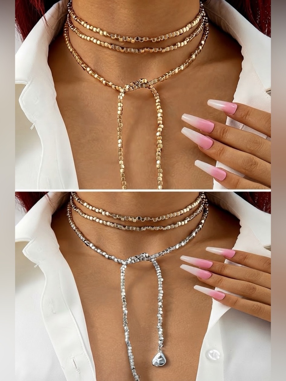 Layered Gold or Silver  Beaded Lariat Necklace - Chic Women's Jewelry